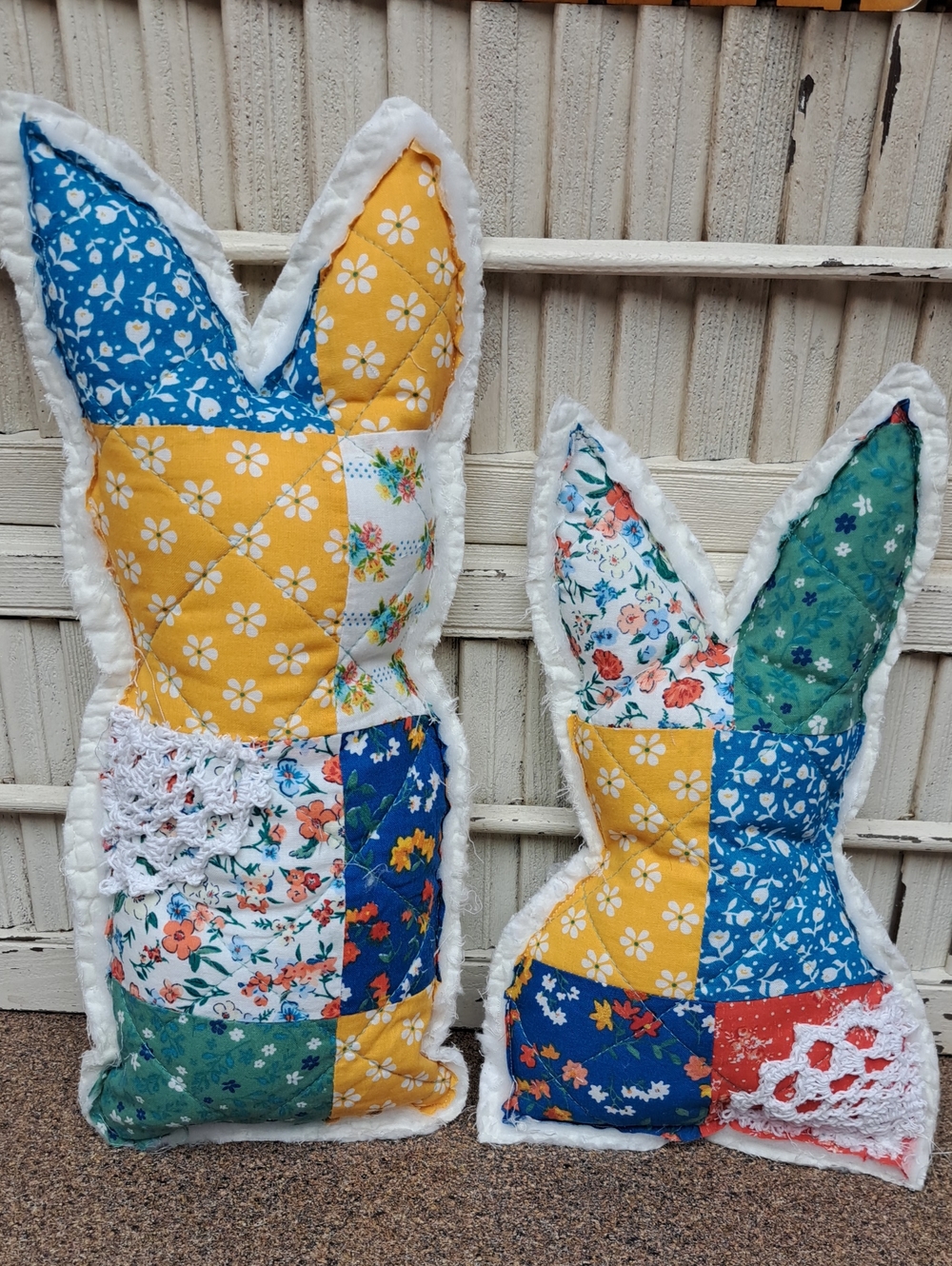 Handmade Patchwork Bunny Pillows in Yellow, Blue, Green